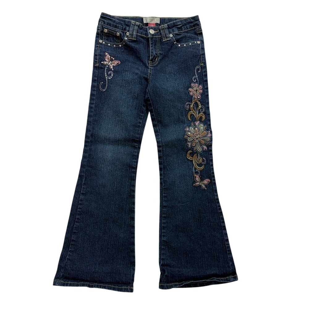 Route 66 Flare Jeans Kids Size 8 Blue Embroidered Butterfly Floral Y2K Boho